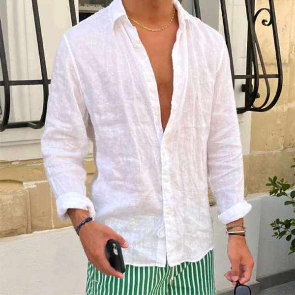 Vintage Turn-down Collar Button-up Shirts For Men Spring Autumn Casual Solid Color Linen Shirt Tops Mens Clothes Beach Cardigans - Image 3