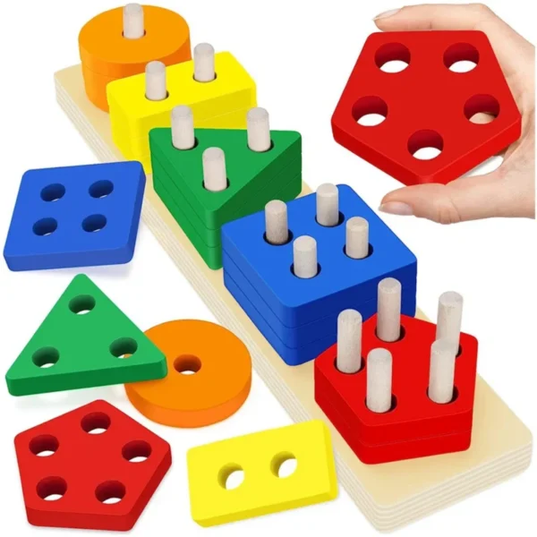 Montessori teaching aids wooden geometric shape columns five sets children cognitive building blocks matching educational toys - Image 5