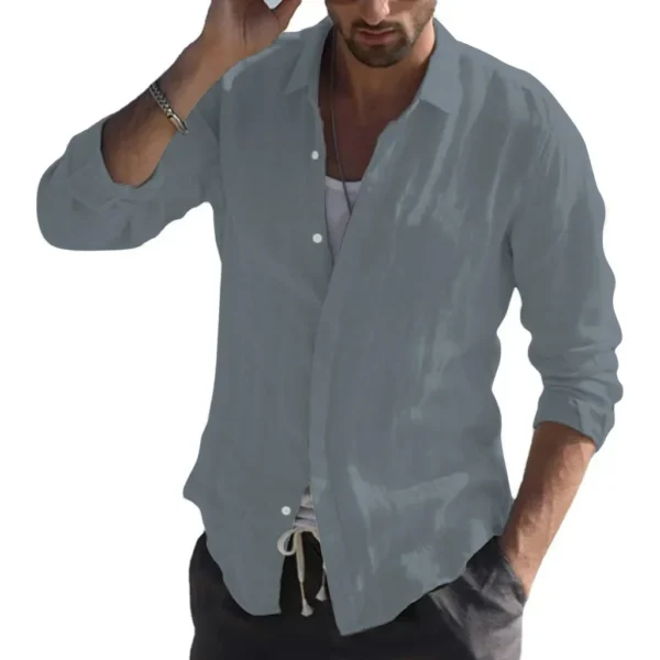 Men Summer New Solid Linen  Long Sleeve Casual Shirt Single Breasted Collar Cotton Linen Lapel Tops Simplicity Long Sleeve Shirt - Image 5