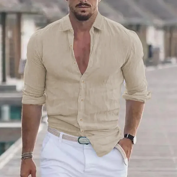 New Men's Shirt Cotton linen Casual Polo Neck Beach Shirt Long Sleeve Solid Hawaiian Holiday Shirts Streetwear - Image 9