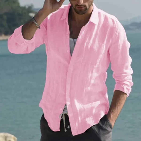 Summer Men's Solid Fashion Versatile Shirt Beach Cotton Linen Shirts Men Long Sleeved Cardigan Tops Turn Down Collar Slim Fit - Image 3